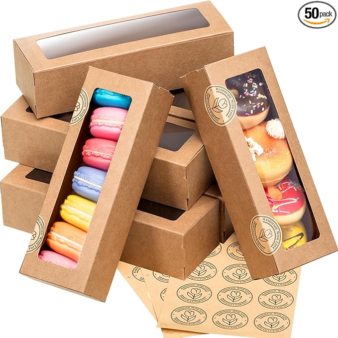 Sherr 50 Pcs Brown Macaron Boxes with Window, Cookies Boxes with 200 Pcs Stickers Long Bakery & Dessert Gifts Containers for Donuts, Pastry, Chocolate Covered Strawberry