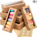 Sherr 50 Pcs Brown Macaron Boxes with Window, Cookies Boxes with 200 Pcs Stickers Long Bakery & Dessert Gifts Containers for Donuts, Pastry, Chocolate Covered Strawberry