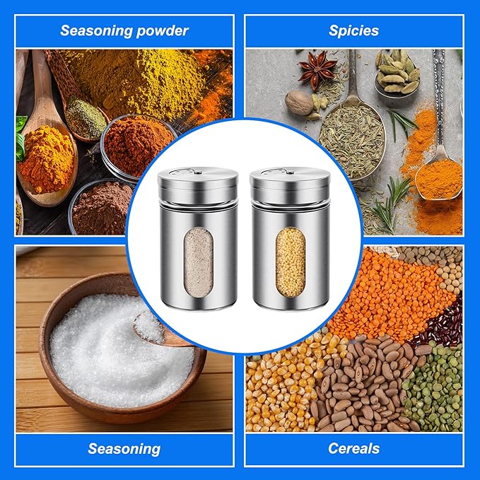 Dandat 12 Pcs Salt and Pepper Shakers Stainless Steel Spice Shakers with Adjustable Pour Holes and Glass Window 3.4oz Salt Dispenser Spice Jars with Rotating Lids for Sugar Seasoning Home