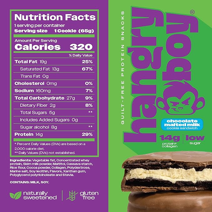 Hangryboy Protein Cookie Sandwich – 14g High Protein, Gluten‑Free, GMO‑Free Cookies - Perfect on The Go Protein Snack, Variety Pack, 12‑Count Box