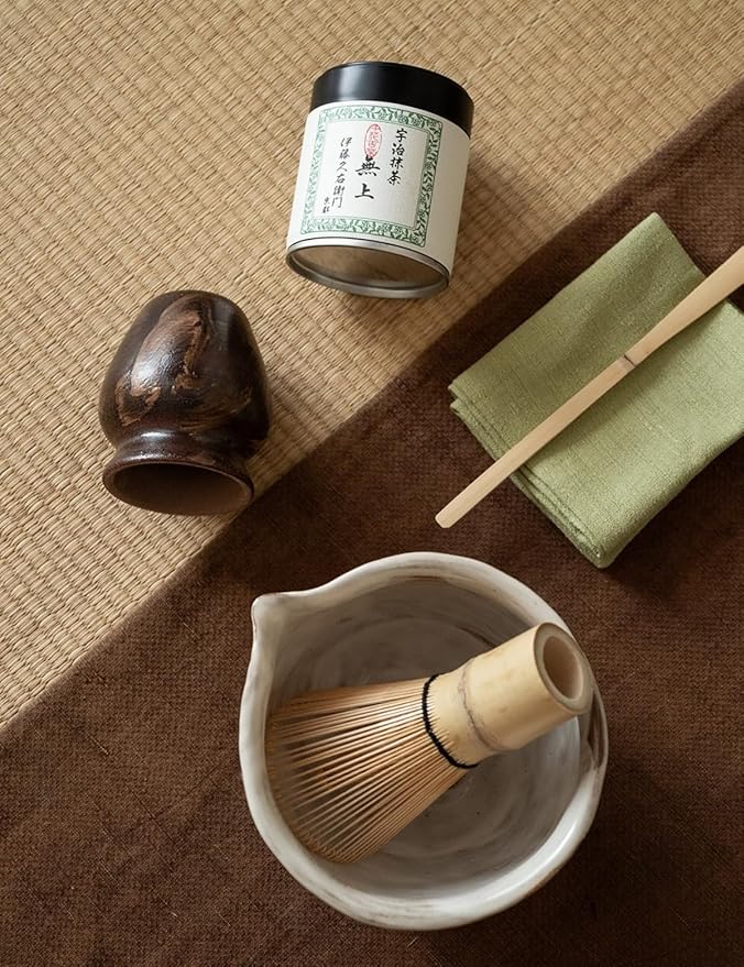 6-pcs Japanese Matcha Whisk Set with Handmade Wabi-Sabi Ceramic Bowl(Chawan),Bamboo Chasen, Whisk Holder, Scoop, Sifter & Tea Towel,Matcha Ceremony Kit,(Silent taupe)