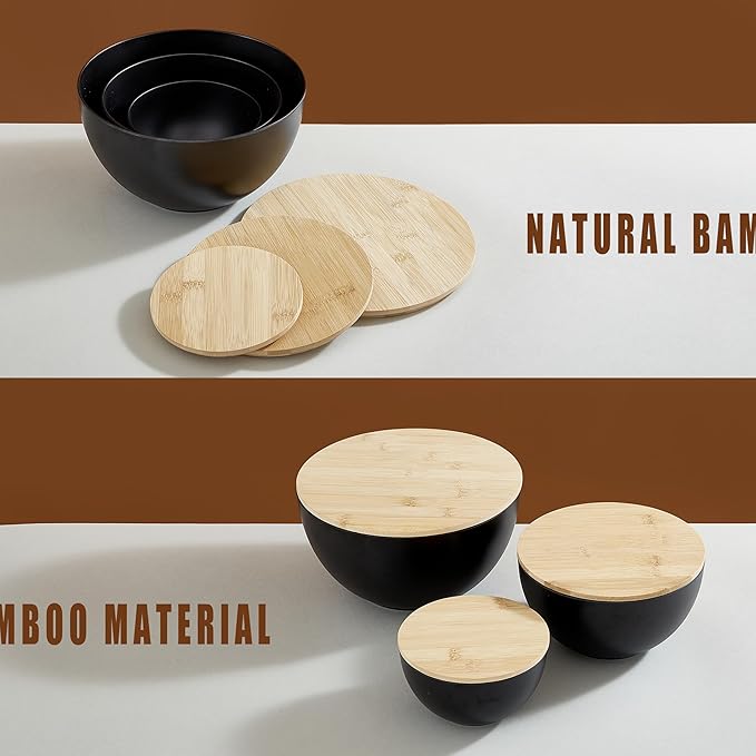 JOYMAY Salad Bowls, Mixing Bowl Salad Bowl Set, Natural Bamboo Fiber Serving Bowl Set of 3 with Bamboo Wood Lid, Nesting Bowls for Salads,Pastas(Black,10",8",6")