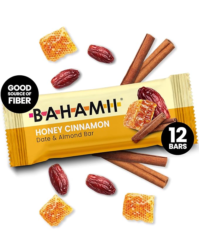 Bahamii Snack Bars, Made with Dates & Nuts, Healthy Snacks, Gluten Free, Good Source of Fiber, Only 7 Ingredients, For Kids & Adults, No Artificial Sweeteners, Dairy Free, 12 Pack, Honey Cinnamon