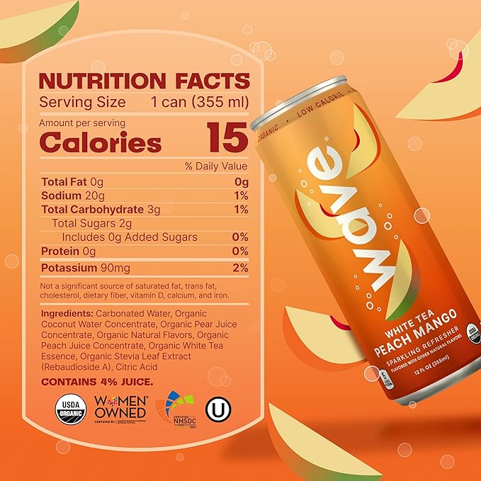 WAVE Sparkling Refreshers | Sparkling Juice | Organic Hydration | Low Calorie Drink | Lightly Carbonated Soda Alternative | No Added Sugar or Artificial Ingredients | White Tea Peach Mango | 12 Pk.