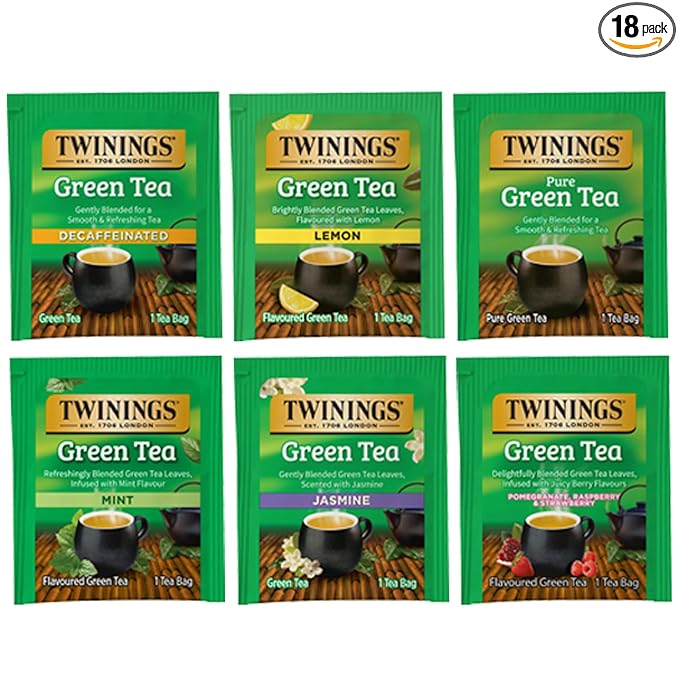 Twinings Green Tea Bags Sampler Assortment, Variety Pack (18 Count) 6 Different Flavors for Tea Lovers: Her, Him, Women, Men, Couples, Family, Friends, Coworkers