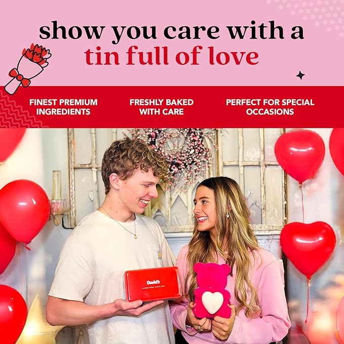 David’s Cookies Shortbread Cookies in Love Sweet Sampler Tin - Original and Chocolate Chip Shortbread Cookies in a Love-Themed Gift Tin - Gourmet Food Gift Basket for Her Him