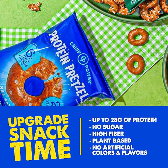 Crisp Power Protein Pretzels, Sea Salt, High Protein Vegan Keto Snack, 28 G Plant Based Protein, Low Carb Crunchy Pretzel Snacks, No Added Sugar, No Seed Oils, 1.75 oz Bags, 24 Pack