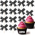 24Pcs Bow Cupcake Toppers - Black Bow Cake Topper Birthday Decorations, Bowknot Cupcake Picks for Coquette Bow Theme Party Decoration Bachelorette Bridal Engagement Wedding Baby Shower Party Decor