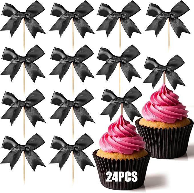 24Pcs Bow Cupcake Toppers - Black Bow Cake Topper Birthday Decorations, Bowknot Cupcake Picks for Coquette Bow Theme Party Decoration Bachelorette Bridal Engagement Wedding Baby Shower Party Decor