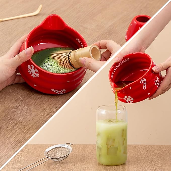 5pcs Premium Matcha Set,Ceramic Bowl with Spout and Bamboo Whisk set, Ceremonical Matcha Kit for breakfast/latte,Tea Starter Making Kit,Christmas Matcha Gift set (Reindeer Red)