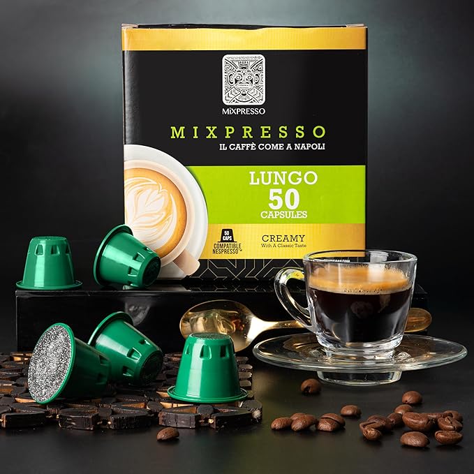 Mixpresso Lungo Coffee Espresso Capsules Compatible With Nespresso Original Brewers, Single Cup Coffee Pods 100% from Italy, Dark Roast 80% Arabica Espresso, 50 Count Coffee Capsule Intensity 10/12
