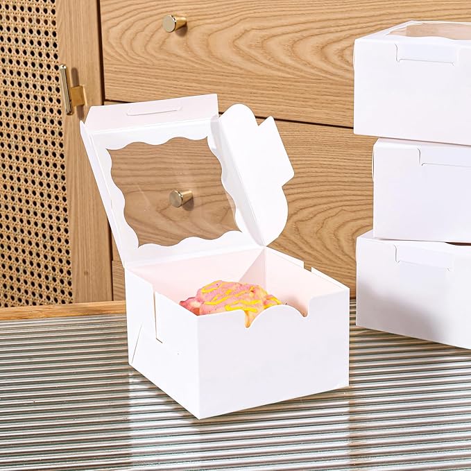25pcs White Small Cake Box,4x4x2.5 Inch Bakery Boxes with Window,gift boxes bulk for Mini Cake Pastry Dessert Strawberries Chocolates Cupcakes with Stickers