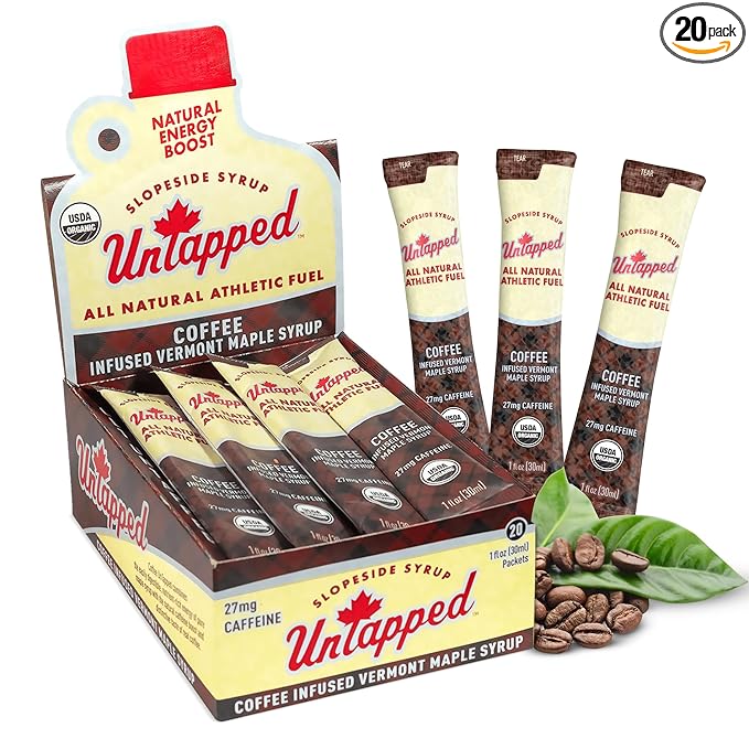 UnTapped Coffee Infused Vermont Maple Syrup Packets for Athletes, Box of 20-1 fl oz | Pure Maple Syrup with Organic Coffee for Natural Endurance Energy | Fuel to Keep You Running Longer