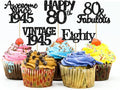 Gyufise 30 Pack Vintage 1945 Cupcake Toppers Glitter Cheers to 80 Fabulous Eighty Cupcake Picks 80th Birthday Wedding Anniversary Party Cake Decorations Supplies Black