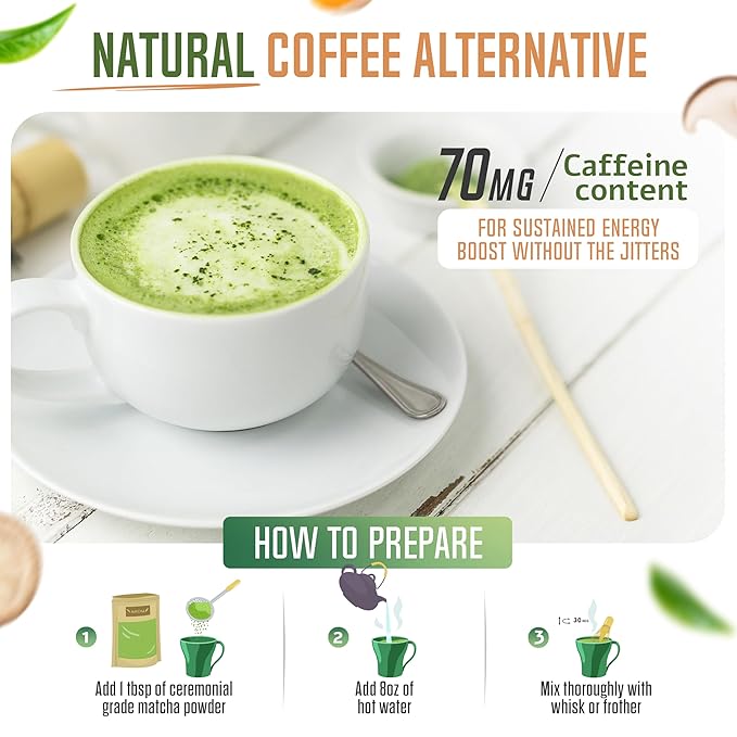 ReviTEAlize Organic Matcha Mushroom Powder - Organic Ceremonial Grade Blend - Coffee Alternative - Latte (30 Servings)