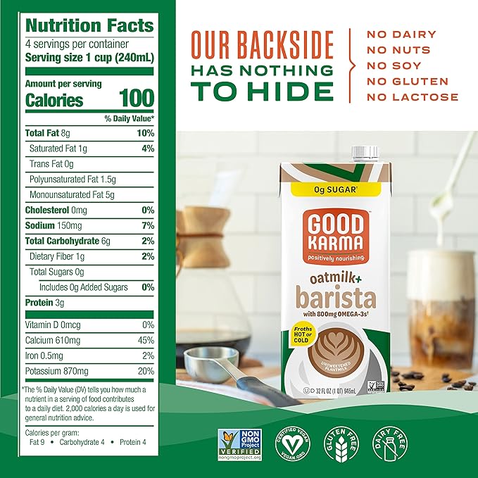 Good Karma Unsweetened Oatmilk + Barista Blend, 32 Ounce (Pack of 3), 800mg Omega -3s, Plant-Based Non-Dairy Milk Creamer Alternative with Oats, Flax and Peas, Lactose Free, Vegan, Shelf Stable