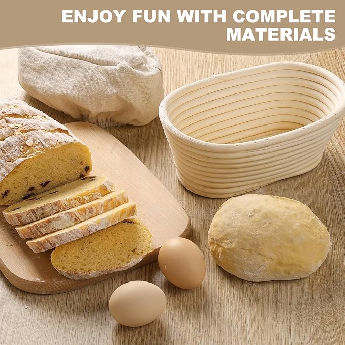 Banneton Bread Proofing Basket - Banneton Basket Set of 4 Pack 10 inch Oval Sourdough Proofing Basket with Liner - Handmade Rattan Proofing Rising Bowl for Artisan Bread Making Baking Supplies