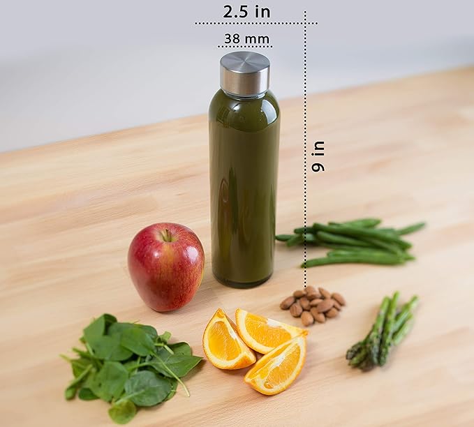 Epica Clear Glass Bottles with Lids, 18oz Resuable Glass Water Bottles for Juicing with Stainless Steel Cap to store Milk, Smoothie, etc., 100% Leak Proof, Durable and Dishwasher Safe (Set of 6)