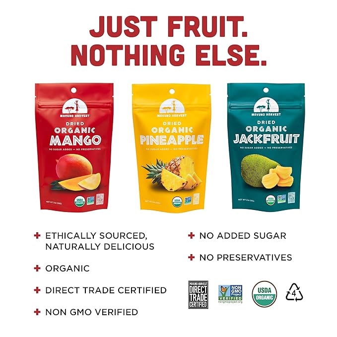 Mavuno Harvest Organic Dried Fruit Variety Pack | Dried Mango, Pineapple, and Jackfruit | Healthy, Vegan, No Sugar Added, Non GMO Snacks for Kids & Adults | 2 Ounce, Pack of 6