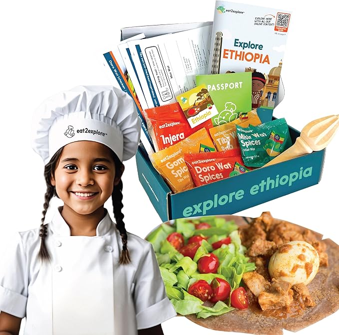 eat2explore Cooking Kits for Kids – Interactive & Educational Kids Cooking Sets Real for Ages 5 and Up,3 Recipe Cards & Global Ingredients – Fun Gift for Young Chefs (Ethiopia Edition)