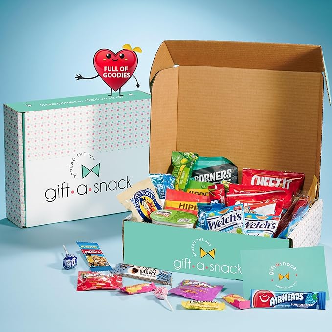 Gift A Snack - Thanksgiving, Holiday, Christmas Stocking Stuffer Snack Box Variety Pack Care Package + Greeting Card (50 Count) Birthday Sweet Treats Gift Basket, Candies Chips Crackers Bars
