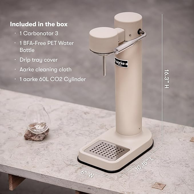 Aarke Carbonator lll with CO2 Cylinder, Sparkling & Carbonation Water Machine, Stainless Steel with PET BPA-Free Reusable Bottle Volume 1L/34 fl oz (Sand)