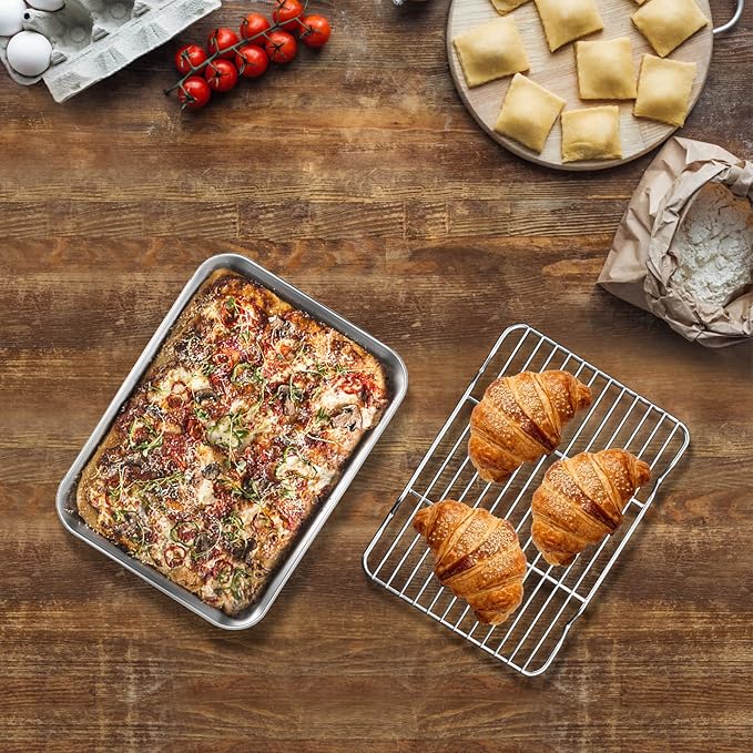 Baking Sheet with Wire Rack, Cookie Sheet Baking Pan Toaster Oven Tray with Cooling Rack, Stainless Steel Eighth Sheet Pan with Rack 9' x 7' x 1', Healthy & Non Stick & Dishwasher Safe