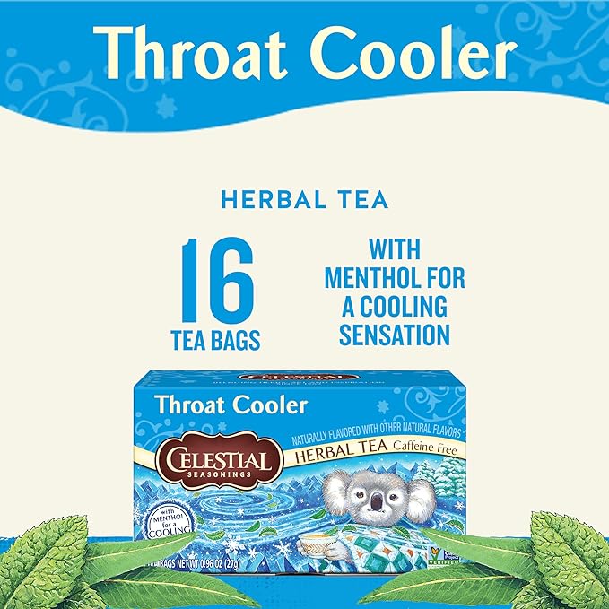 Celestial Seasonings Throat Cooler Herbal Tea, Caffeine Free, 16 Tea Bags Box (Pack of 2)
