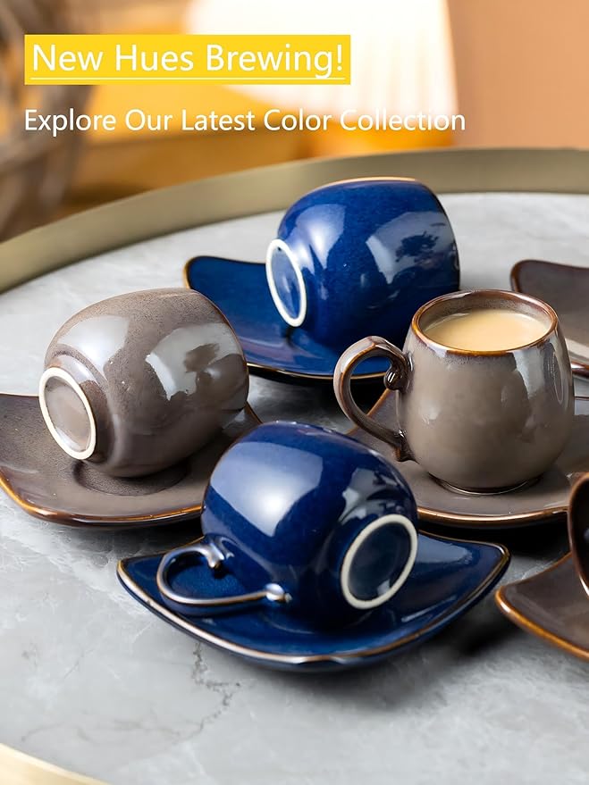 LYEOBOH 3oz Coffee Espresso Cups with Saucers Set of 6, Ceramic Small Coffee Cups with Holder and Spoons, Cute Demitasse Cups for Espresso, Latte, Mocha, Housewarming Gift - Farmhouse, Brown