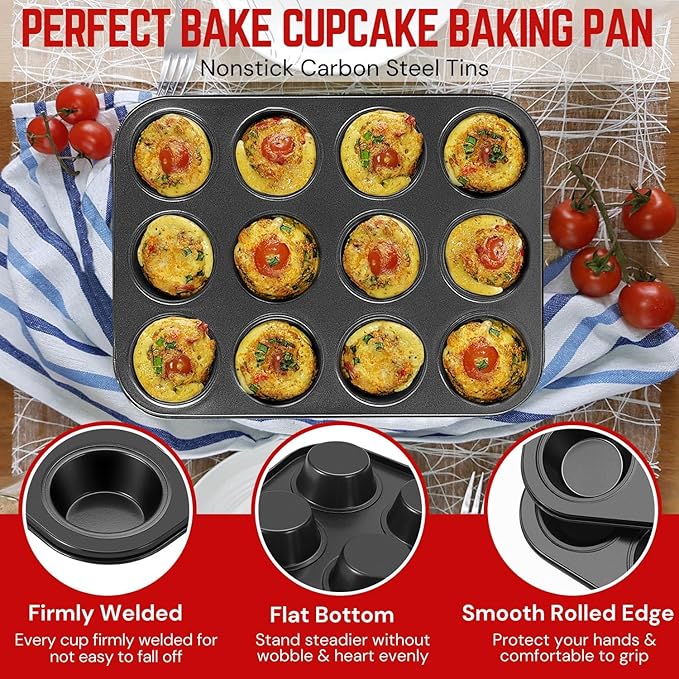 Flexzion Muffin Tray Cupcake Baking Pan 2 Pack, 12-Cup Nonstick Carbon Steel Muffin Tins Non-Stick Cupcake Tin Bakeware Accessories for Baking Cupcakes Muffin Brownies Snacks, Easy Clean, Fridge Safe