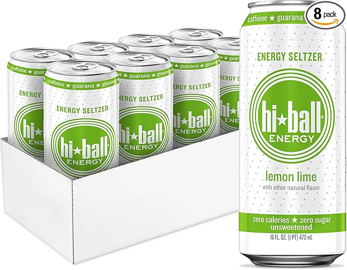 Hiball Clean Energy Drink - Lemon Lime - Zero Sugar, Zero Calorie Sparkling Water with 160mg Organic Caffeine, 50mg Organic Ginseng, 50mg Organic Guarana - 16 fl oz (8-Pack)