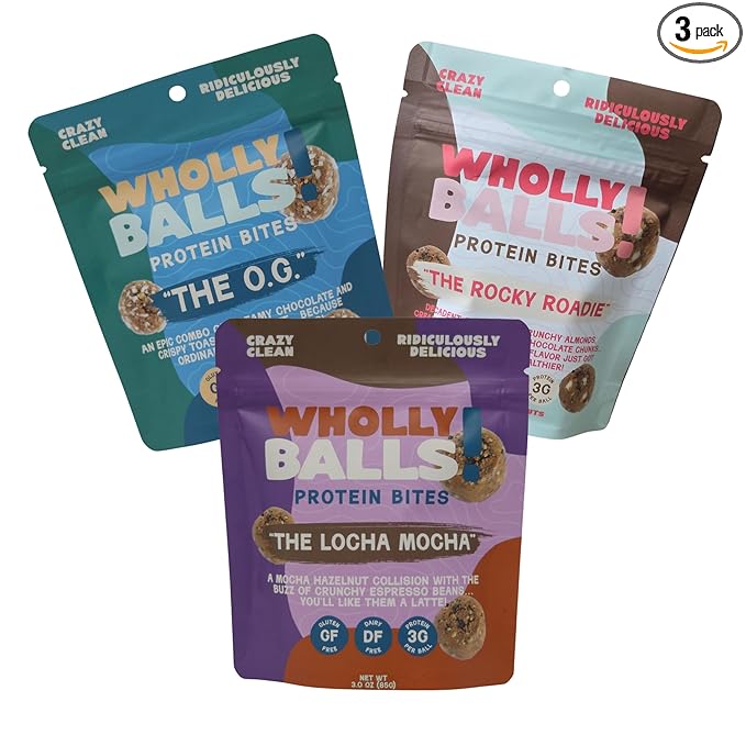 Wholly Balls Protein Bites – Healthy Plant-Based Snack | High Protein, Low Sugar, Gluten-Free Energy Balls (Pack of 3, Chocolate)