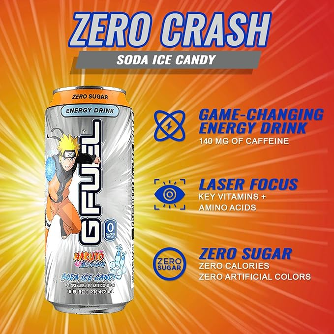 G Fuel Energy Drink, Lemon Lime Slushie, Sugar Free Beverage with 140mg Caffeine, Daily Energy Boost with Focus Amino, Vitamin + Antioxidants, 16 oz Cans (Naruto Shippuden, 12-Pack)