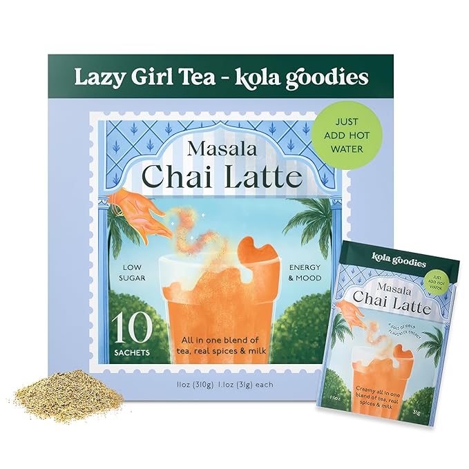 Kola Goodies Masala Chai Lazy Girl Tea Latte Powder – Indian Chai Mix with Ceylon Black Tea, Cardamom, Ginger, Cinnamon – Instant Spiced Chai Drink – Milk Tea Latte – 10 Servings