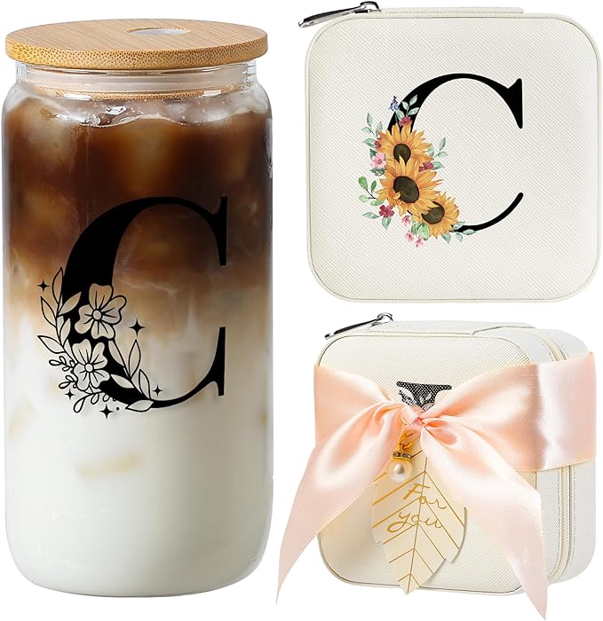 AYGXU Bridesmaid Gifts for Wedding Day,Bridesmaid Proposal Gifts,galentines day gifts,Drinking glass with Bamboo Lids and Straw,Jewelry Organizer,Travel Essentials Small Jewelry Box,Initial C white
