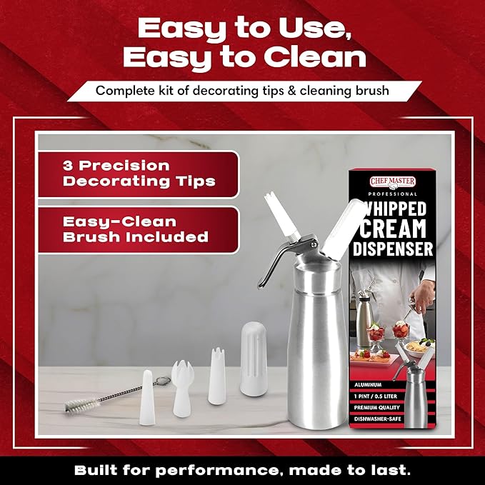Chef Master (1 Pint / 0.5 Liter) Aluminum Whipped Cream Dispenser - Decorating Tips for Desserts, Coffee, Latte + Cleaning Brush - Whip Cream Dispenser Canister for Home, Bakery or Restaurant - 90076