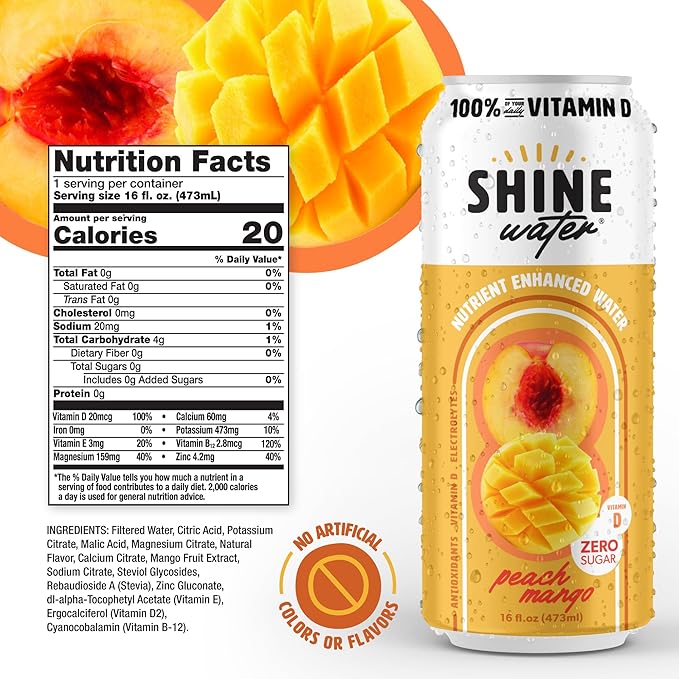 ShineWater Peach Mango Vitamin D Electrolyte Drink | Zero Sugar Hydration Beverage with Magnesium, Zinc & Antioxidants | Low Calorie Plant-Based Vitamin Water | 12 Pack