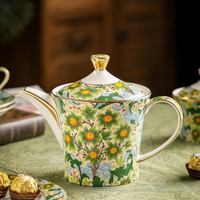 ACMLIFE Tea Set for Adults- Fine China Tea Set for 6, 21-Piece Vintage Coffee Set English Porcelain Tea Pot Sets for Adult Tea Party for Women Gift (Fruits Green, Extra Large 21)