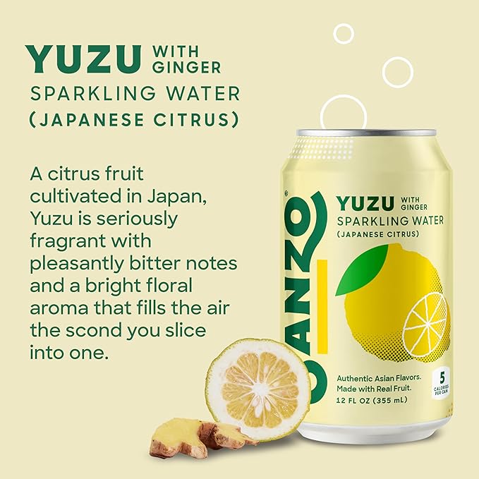 Sanzo Flavored Sparkling Water - Yuzu Lemon Soda Ginger Seltzer - Low Calorie Low Sugar Soda - Craft Asian Drinks - Vegan Gluten Free Carbonated Flavored Water - Fizzy Healthy Drinks - 12oz, 12 Pack