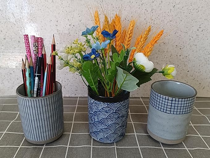 Stoneware Coffee Bar Utensil Holder Tea & Coffee Spoon & Stirrer Holder for Stir Stick Straw Teaspoon Holder Spoon Cup Small Utensil Jar (Blue Stripes)