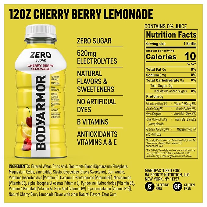 BODYARMOR ZERO Sugar Cherry Berry Lemonade, Sugar Free Sports Drink - Low-Calorie Hydration - Natural Flavors with Potassium Packed Electrolytes, Antioxidants, and B-vitamins,12 fl oz (pack of 8)