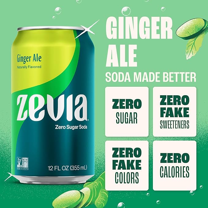 Zevia Zero Sugar Soda, Ginger Ale, 12 oz Cans (24-Pack) – Naturally Sweetened, Non-GMO Project Verified, Gluten-Free, Vegan