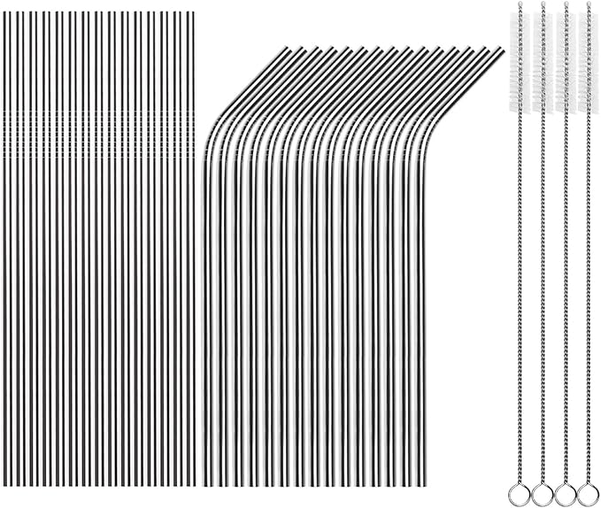 Tomorotec Reusable Straws 30 Pack, Stainless Steel Drinking Straws, Metal Straw Bulks for Smoothies Tumblers Cocktail MilkShake,Set of 15 Straight and 15 Bent with 2 Cleaning Brushes, Silver
