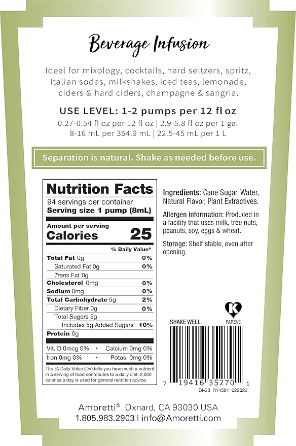Amoretti - Spicy Cucumber Beverage Infusion, 94 Servings Per Bottle (750 ml) - Drink Mix & Water Enhancer with Pump for Flavoring Cocktails, Waters, Teas, and other Beverages, Preservative Free