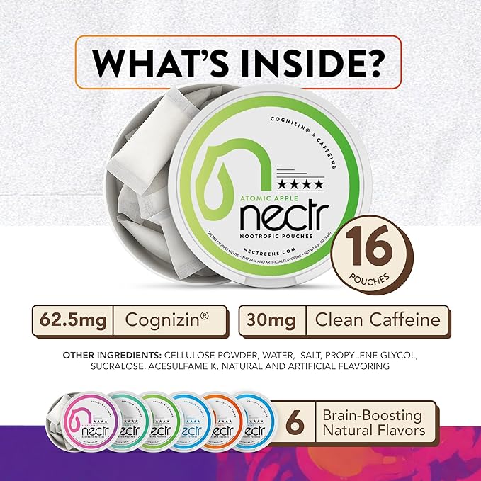 Nectr Energy Nootropic Pouches – Berry Blast Flavored, Caffeine Pouches with Cognizin® Citicoline. Sugar-Free Brain Treats. Smooth, Sustained Focus & Energy Supplement - 1 Puck of 16pcs