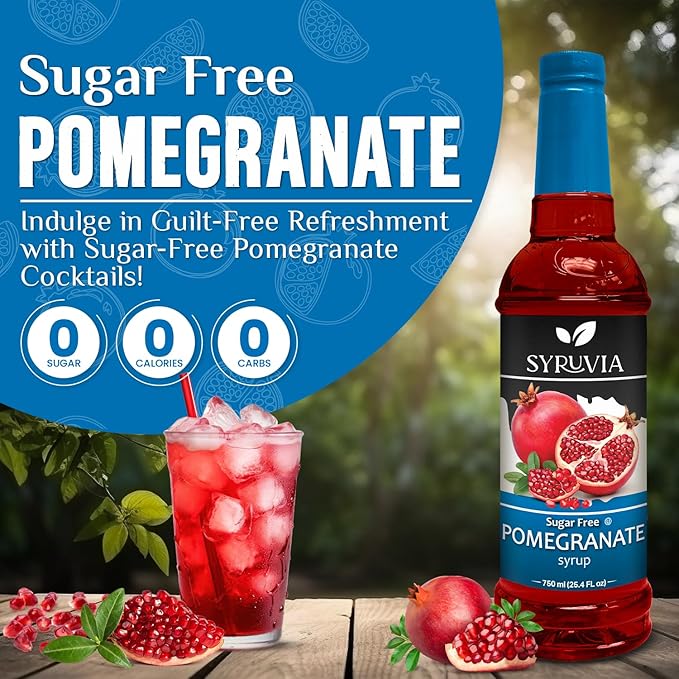 Syruvia Sugar-Free Pomegranate Syrup, Flavored Syrup for Drinks, Cocktails, Lemonades, Iced Teas, and Desserts – 25.4 fl oz, With Pump
