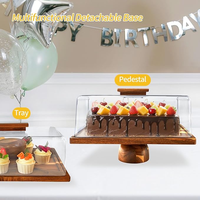 Wood-Rectangular-Cake-Stand with Acrylic Dome Lid, Wooden Cake Holder Plate with Cover, 2-in-1 Dessert Table Display Set for Party, Charcuterie Board for Cheese, Chips & Dips, Nachos, Fruit Platter
