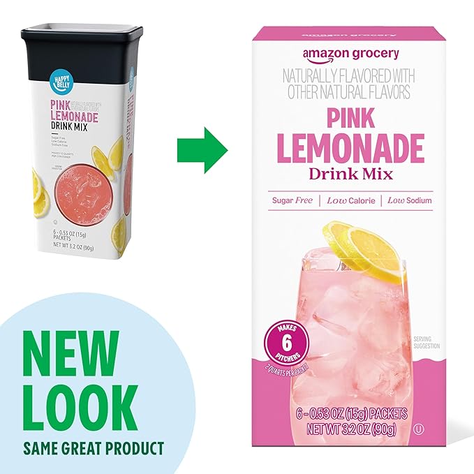 Amazon Grocery, Pink Lemonade Drink Mix Singles, 3.2 Oz, 6 Ct (Previously Happy Belly, Packaging May Vary)