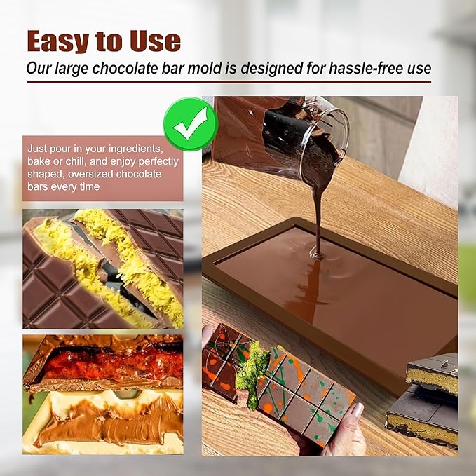 2 Pack Deep Chocolate Bar Molds Silicone,Large Stuffed Dubai Pistachio Deep Bar Moulds Kit 1 Inch Thick Big，for Homemade Making Bar Candy Bar Bpa Free DIY.