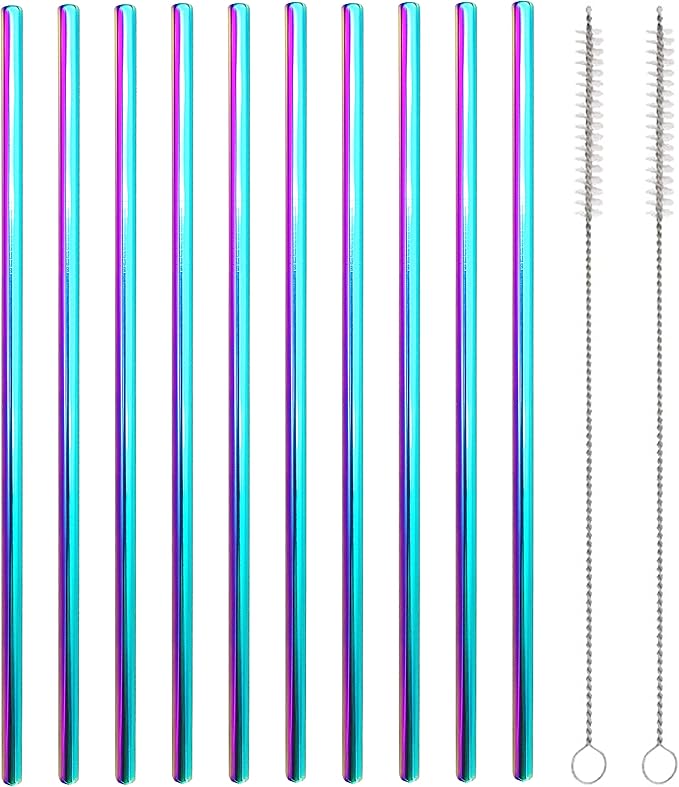 10 Pcs Stainless Steel Straws, Reusable Drinking Straws, Straight Metal Straw Sets with 2 Pcs Cleaning Brushes (10.5 Inch, Colorful)